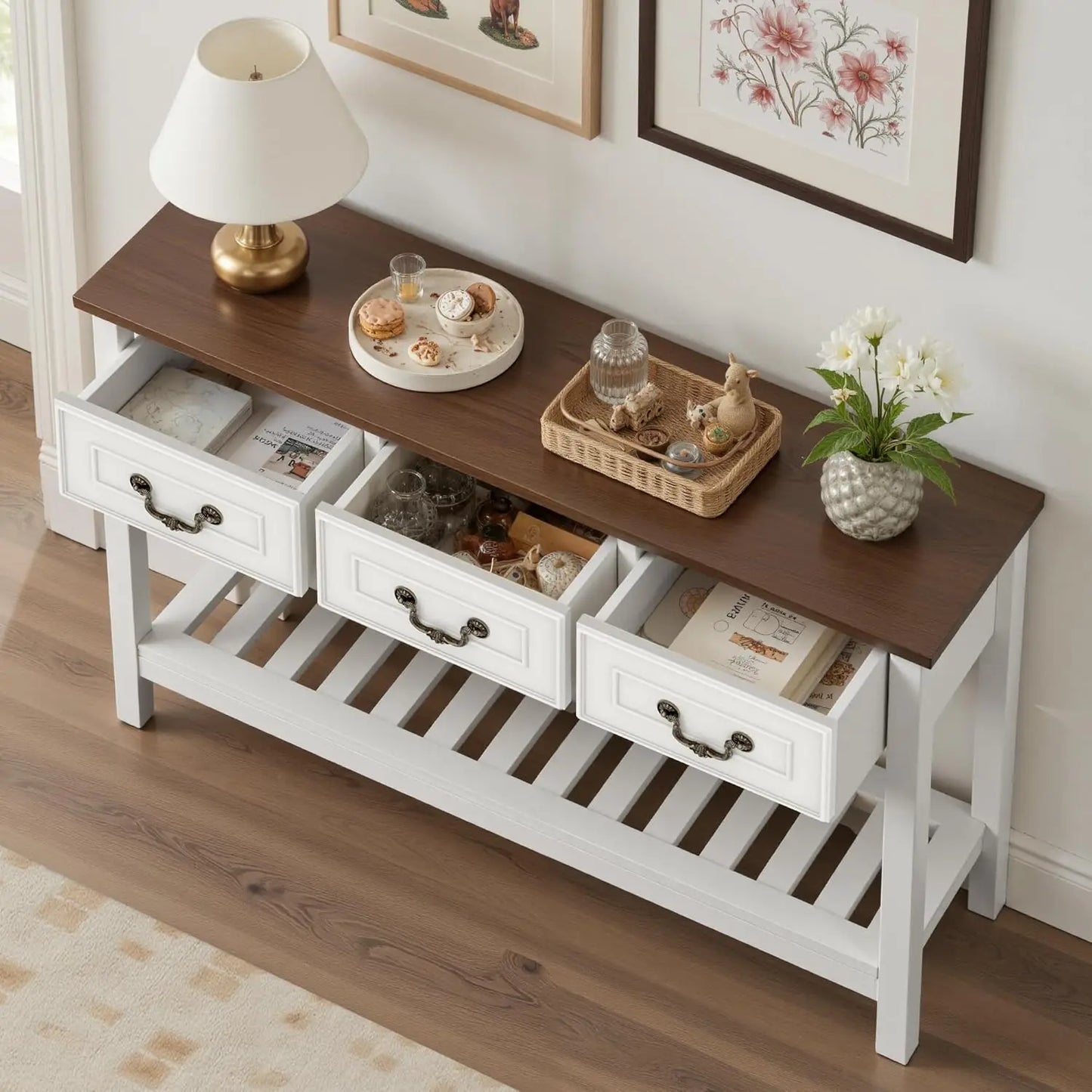Farmhouse Sofa Table With Drawers For Entryway And Living Room