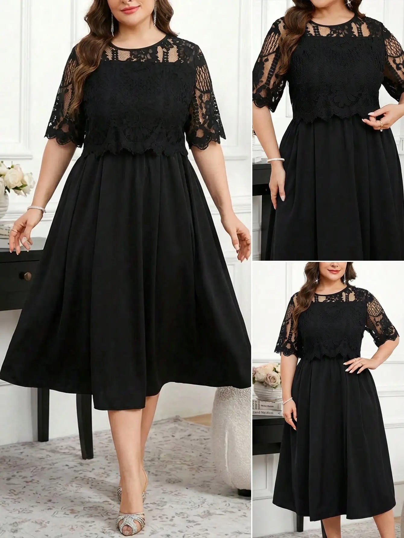 Plus Size Floral Embroidery Elegant Round Neck Midi Dress For Spring Summer