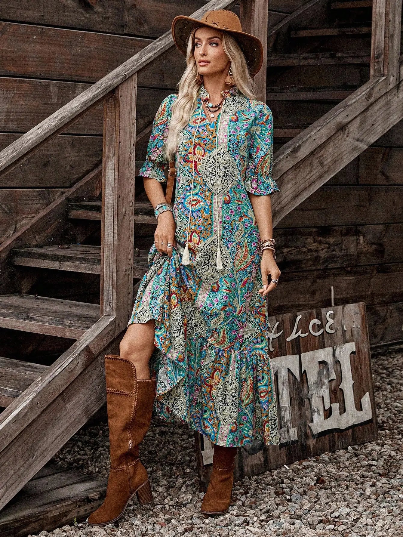 Bohemian Printed Mid-Sleeve Dress With Tassel Tie Neck Ruffle Hem Loose Maxi Dress