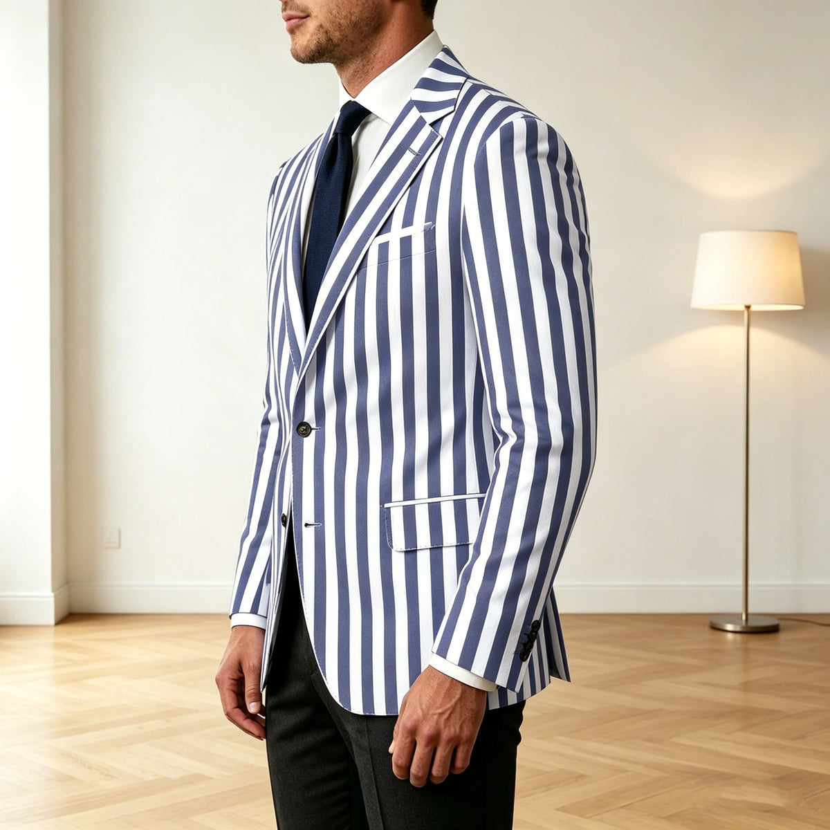 Men's Vertical Striped Blazer Slim Fit Single Breasted Casual Business Sport Coat Lightweight Formal Jacket For Office Wedding