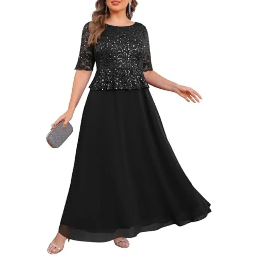 Plus Size Formal Dresses - Mother of The Bride Evening Gowns Wedding Guest Sequin Lace Bodice Long Dress Women