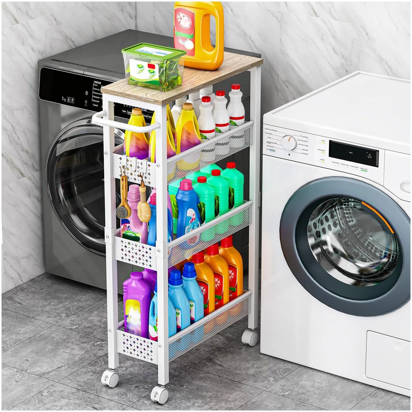 Slim Storage Cart With Wheels, 4 Tier Small Rolling Cart With Wood Top, Metal Kitchen Bathroom Laundry Room Organization