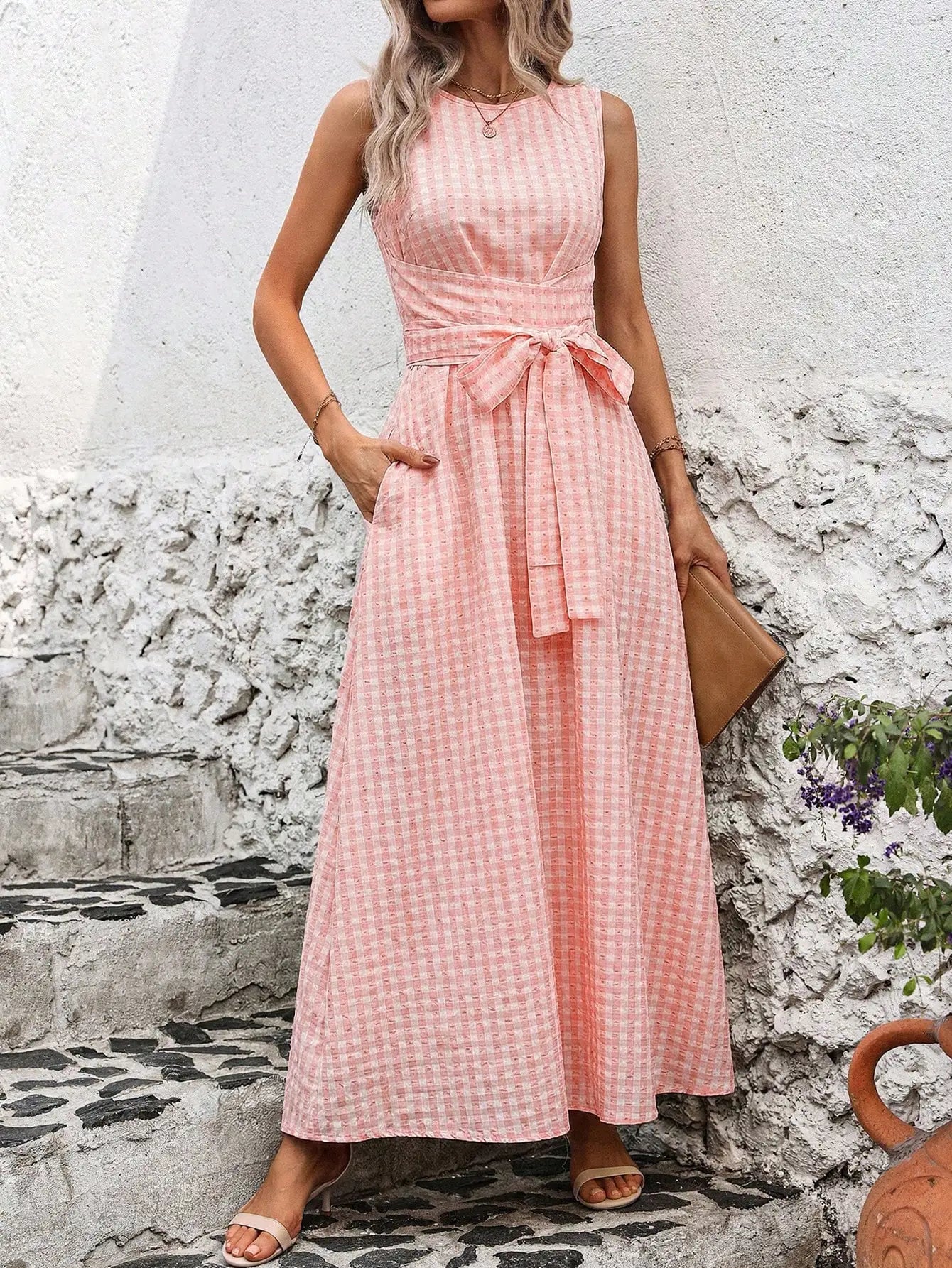 Women's Round Neck Plaid Knotted Waist A-Line Dress For Party Casual Outing