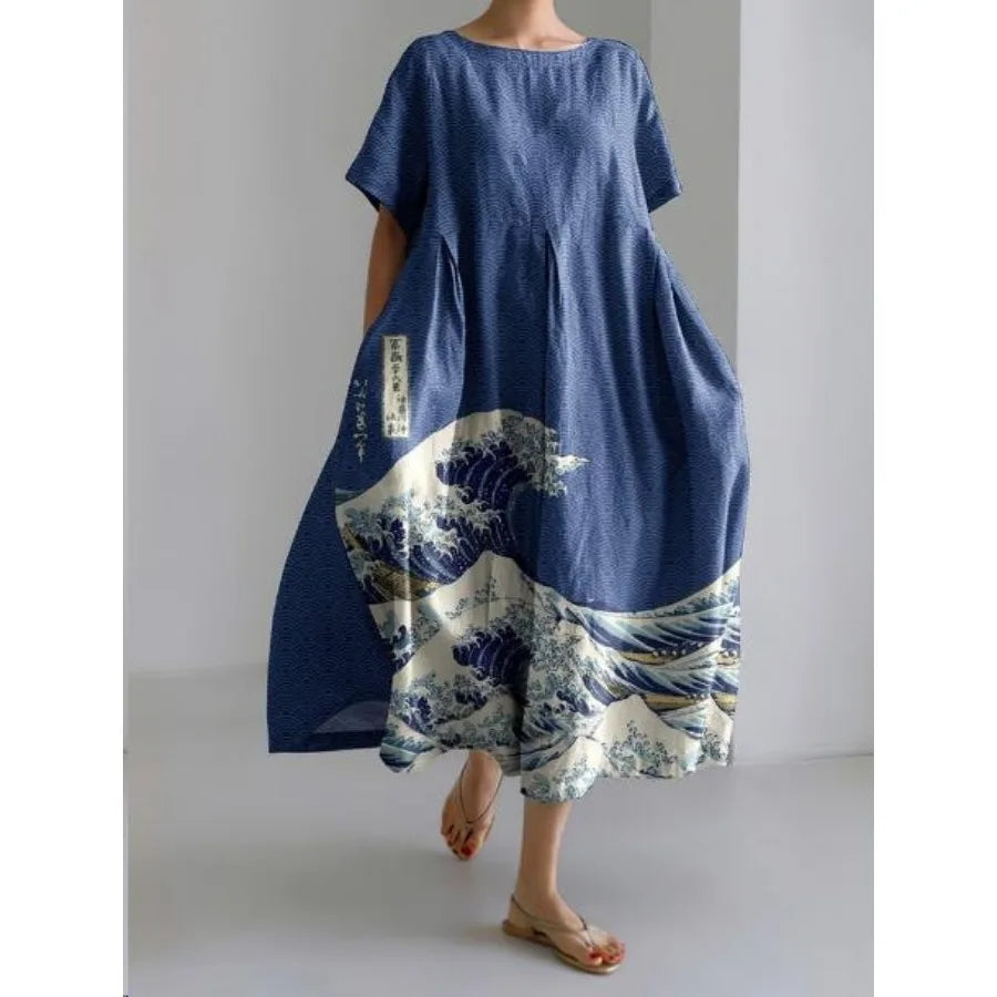 【New style】 - summer new European and American women's clothing loose round neck fashionable high-end short-sleeved printed dre