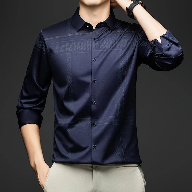 BROWON Long Sleeve Man Shirt Solid Color Business Slim Work Shirt Man 2026 Autumn New Casual Striped Print Shirt Men's Wear