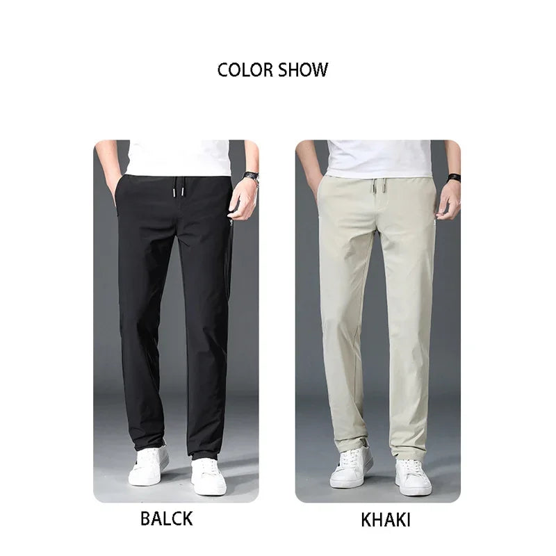BROWON Black Pants Men 2026 Summer New Ice Silk Sports Casual Pants Thin Breathable Elastic Solid Color Mid Straight Trousers