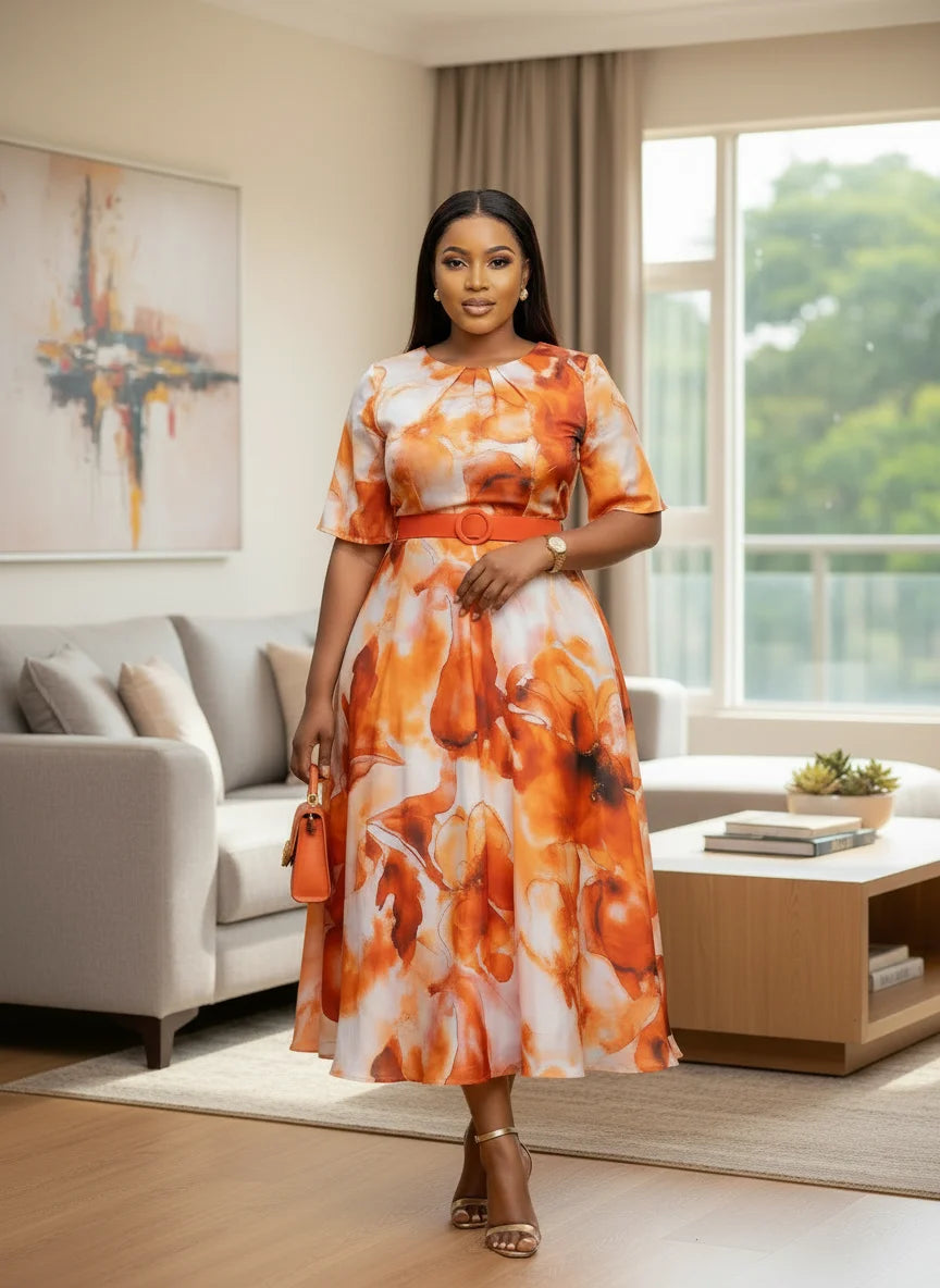 Plus Size Round Neck Short Sleeve Floral Print Midi Swing Dress For Women Wedding Guest Daily Elegant Party Occasions