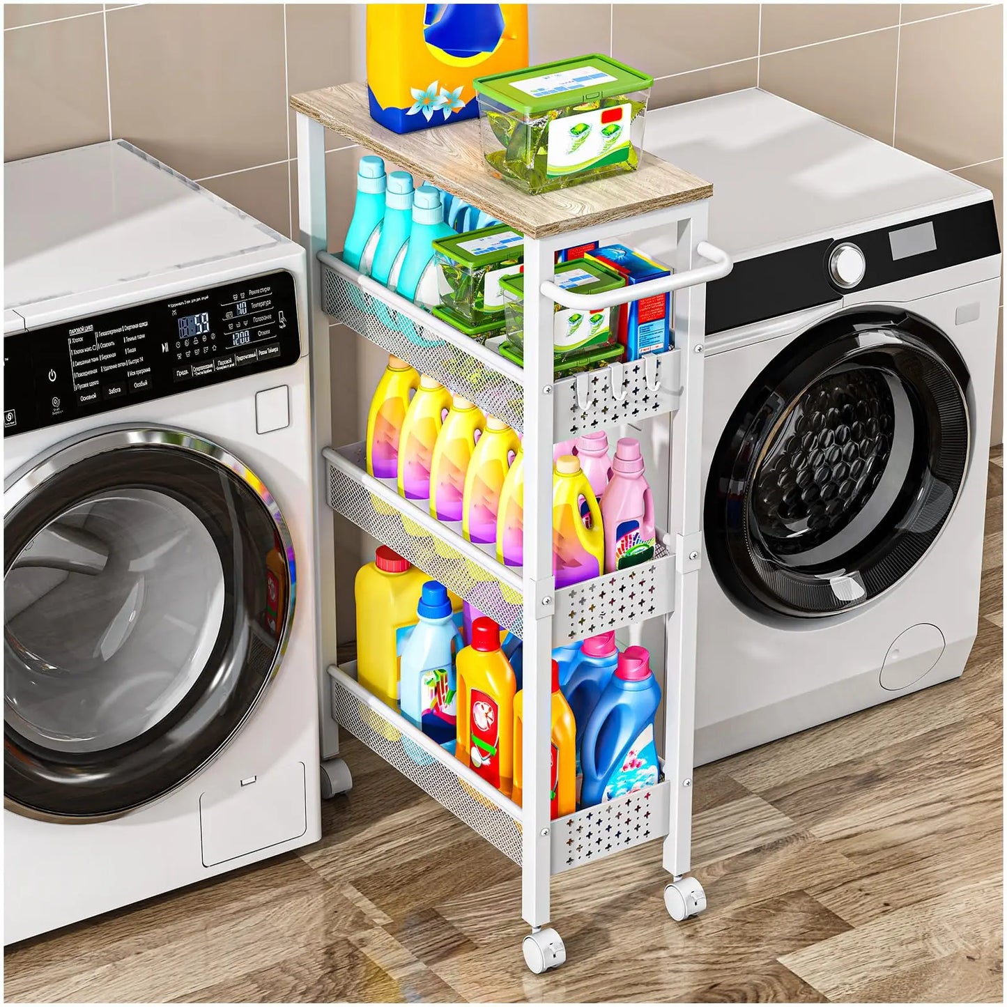 Slim Storage Cart With Wheels, 4 Tier Small Rolling Cart With Wood Top, Metal Kitchen Bathroom Laundry Room Organization