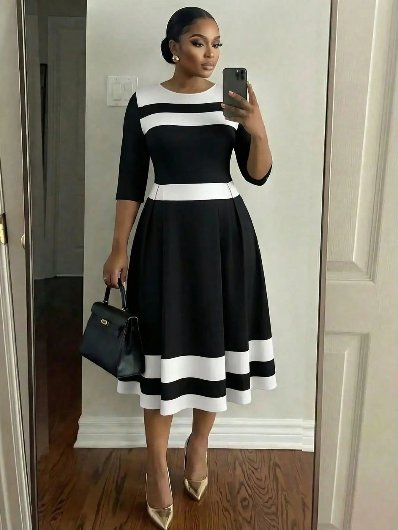 Elegant Color Block Striped Midi Dress Knee Length Black And Pink Women Spring Summer Outfit
