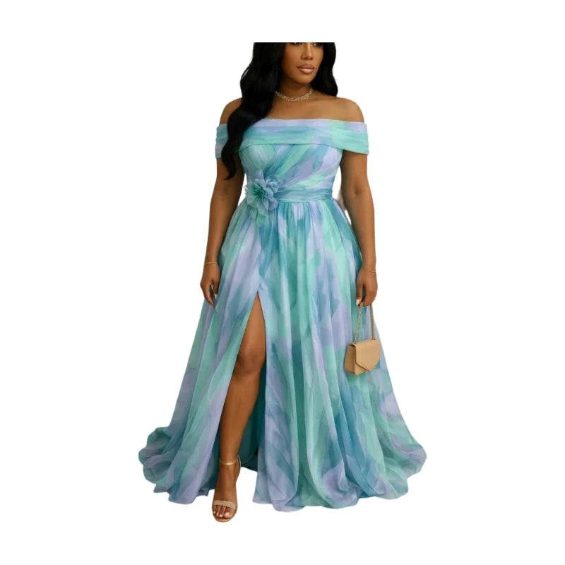 Women's Off Shoulder Printed Split Flowy Maxi Dress Big Size For Wedding Guest Evening Formal Party Banquet Fashion Occasions