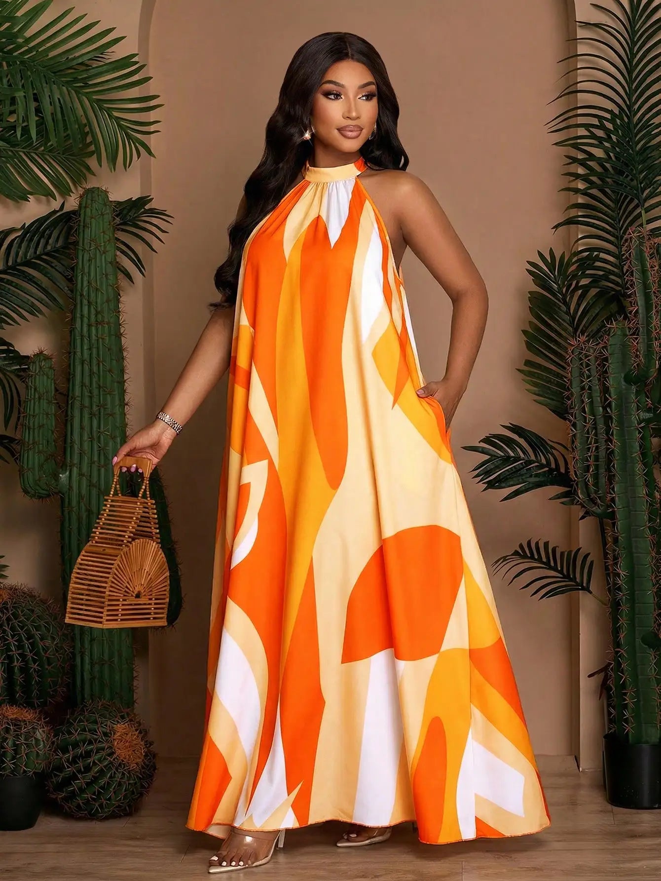 Plus Size Women Sleeveless Halter Neck A-Line Printed Long Dress With Pockets
