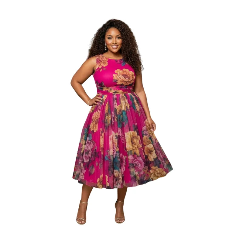 Plus Size Floral Print Sleeveless Midi Flare Dress For Women Wedding Guest Brunch Daily Elegant Party Occasions