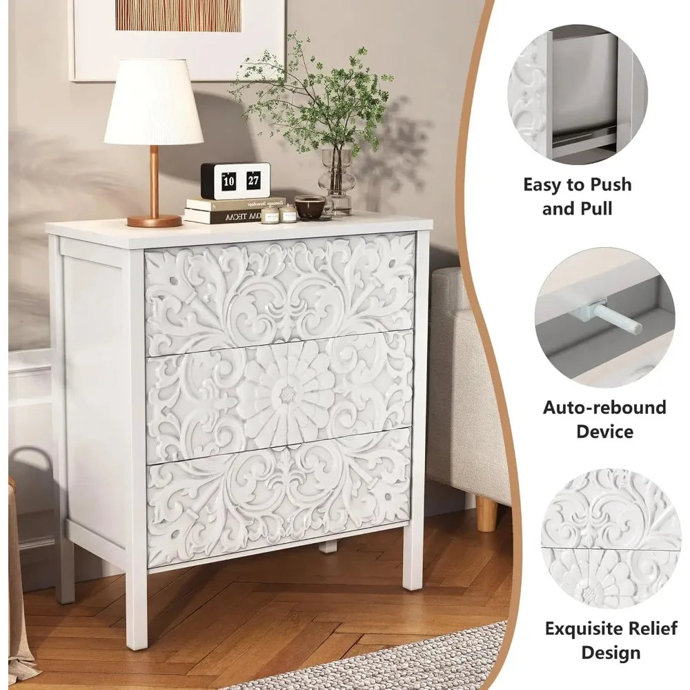 3-Drawer Dresser Chest, Modern Wooden Flower Motif Dressers with Wide Storage Space Chest of Drawers Bedside, Customized