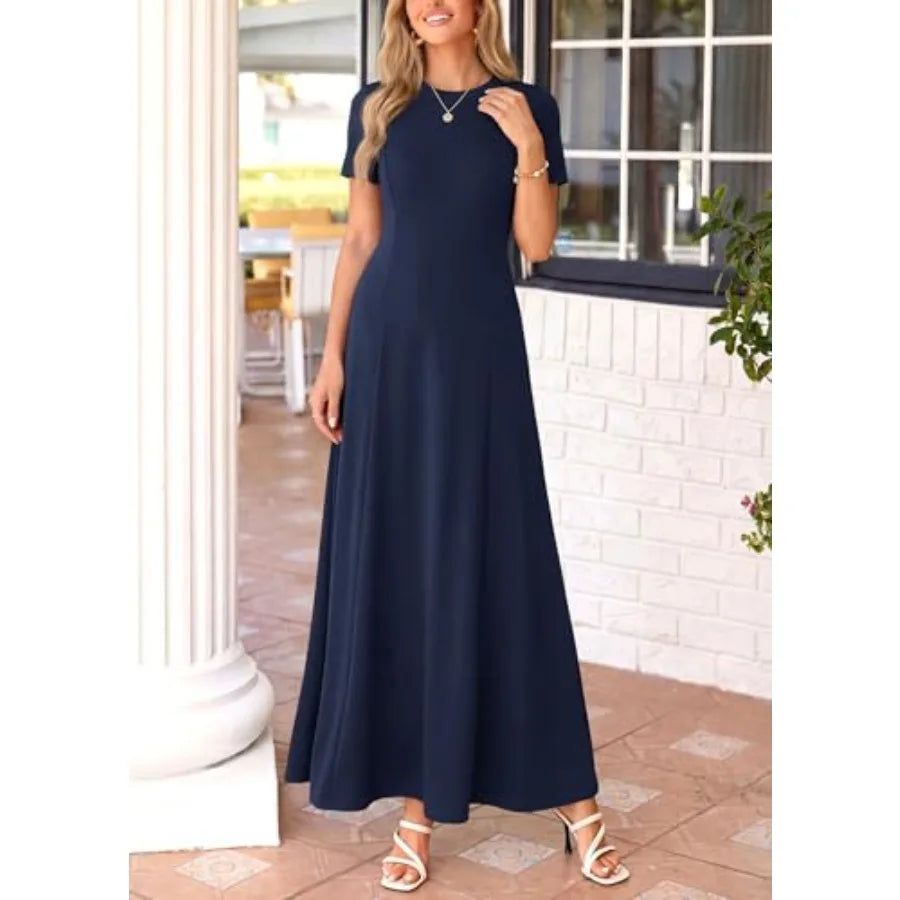 KIRUNDO Wedding Guest Dresses for Women 2026 Spring Summer Short Sleeve Pleated Long Flowy A Line Formal Maxi Dress Pockets
