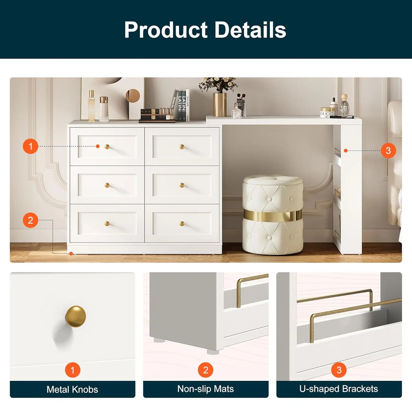 Vanity Desk and Dresser Combo, 67" L Extendable Big Makeup Vainty with 6 Drawer Dresser and 3 Side Shelves, Wood, Customized