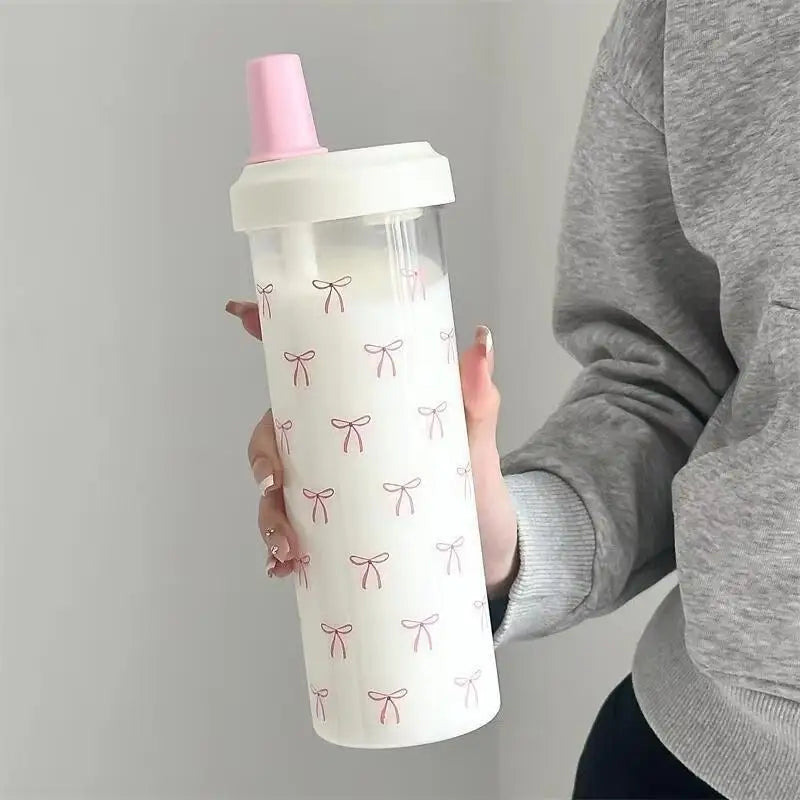 Portable Plastic Water Cup With Straw Bowknot Large Capacity