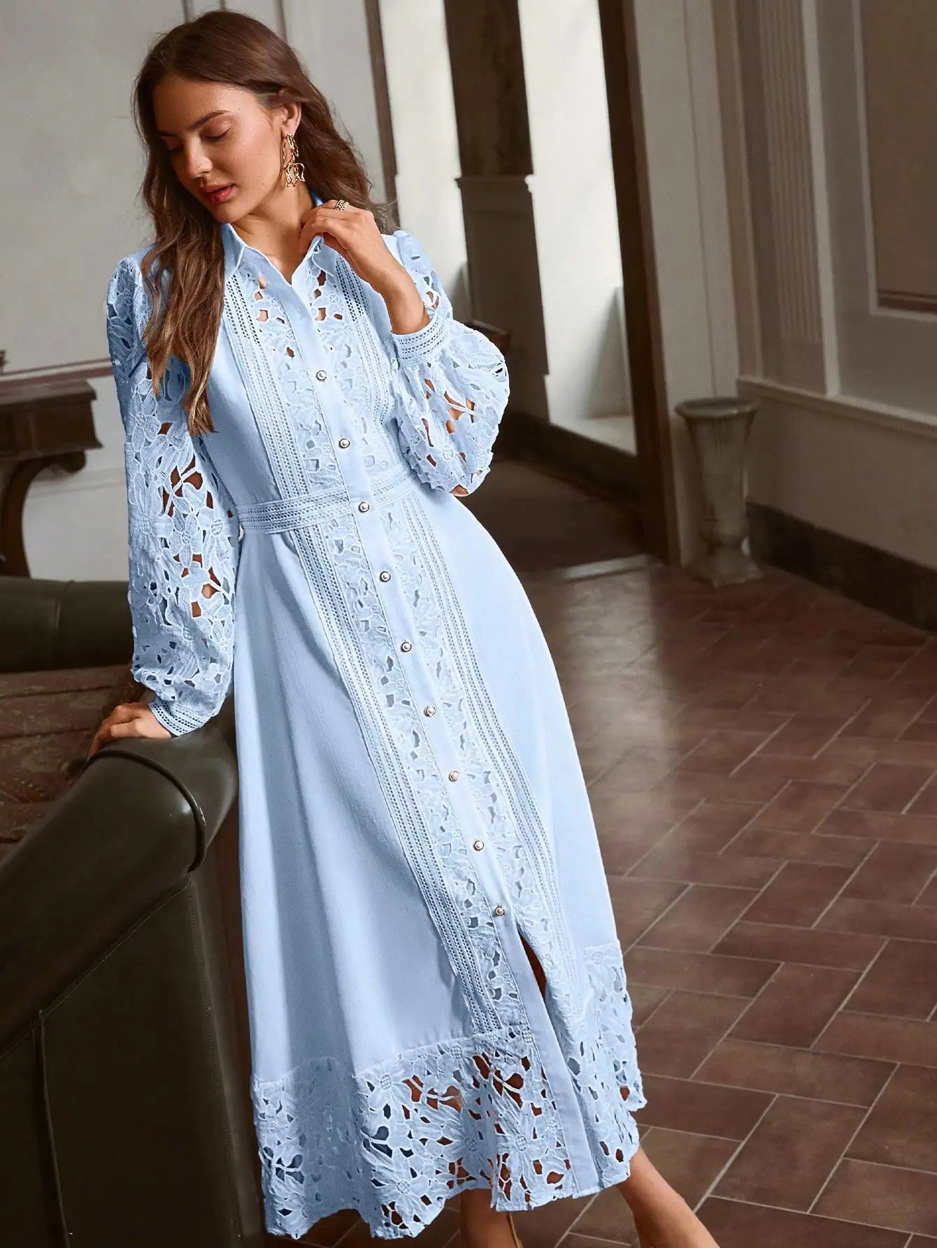 Elegant Solid Sky Blue Hollow Lace Patchwork Button Down Dress Vintage Style
