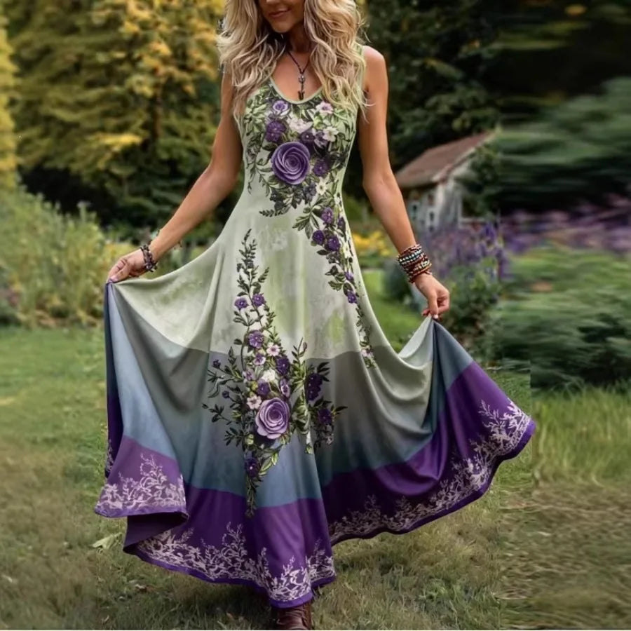 【New style】2026 summer new - European and American  sleeveless elegant dress Printed v-neck long dress Large size women's dress