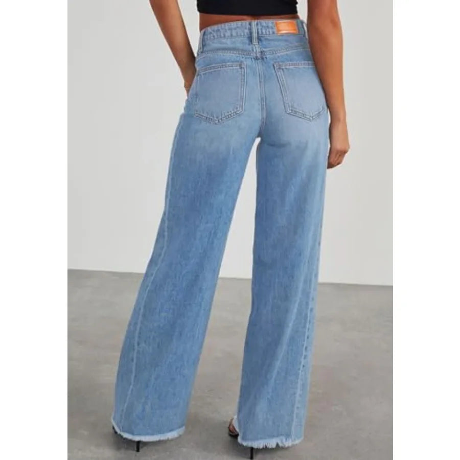 PRETTYGARDEN Wide Leg Jeans for Women Trendy High Waisted Stretchy Baggy Raw Hem Denim Palazzo Pants 202 Spring Fall Clothes