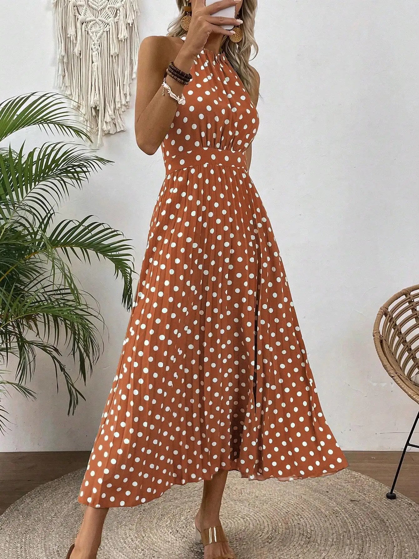 Women Polka Dot Halter Sleeveless Pleated Maxi Dress Beach Vacation Outfit