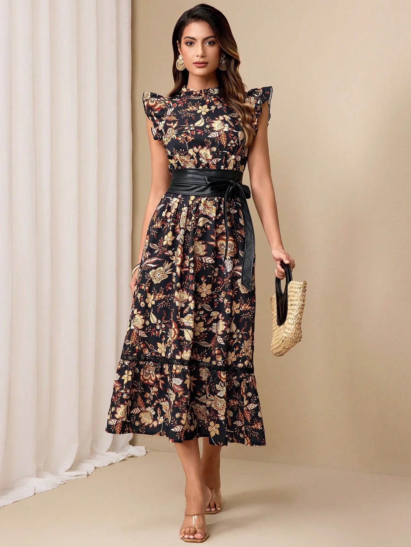 Elegant Floral Print Cinched Waist Midi Dress With Ruffle Sleeve