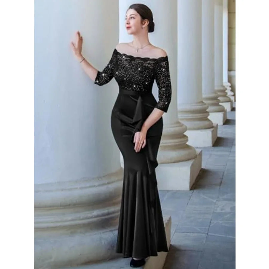 Women's Sexy Off Shoulder Floral Lace Formal Wedding Party Maxi Dress