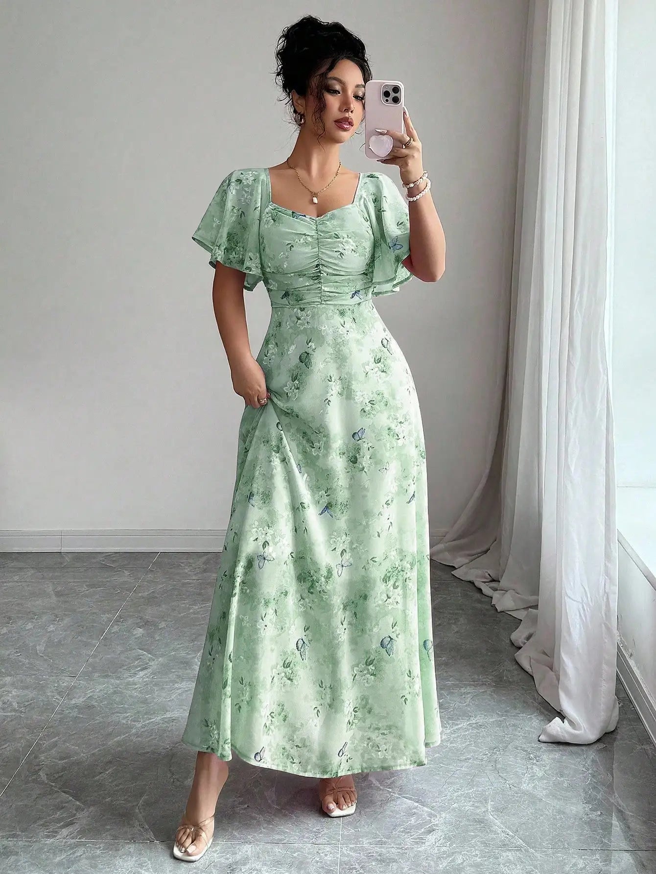 Women's Chiffon Butterfly Print Ruched Square Neck Batwing Sleeve Maxi Dress