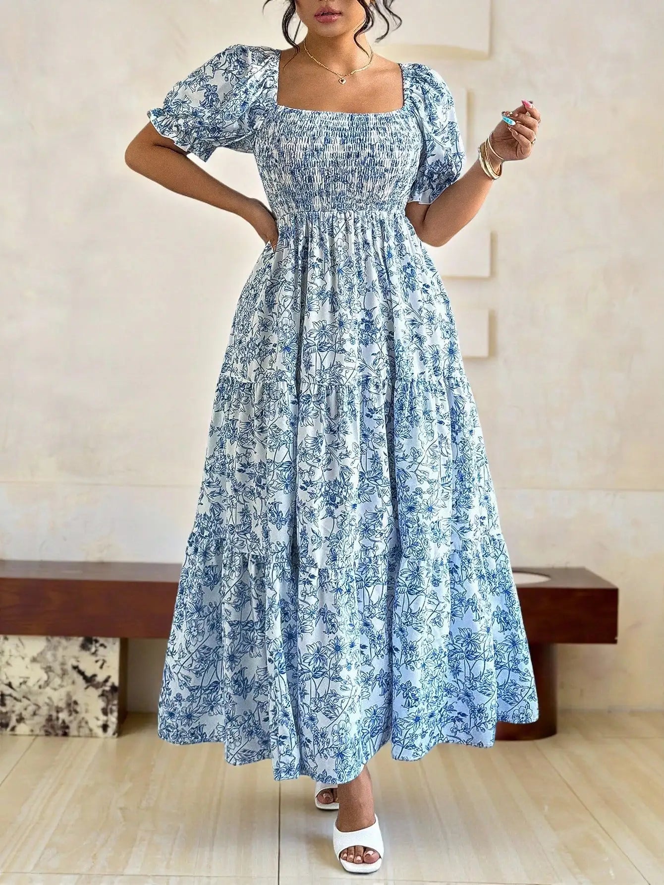 Elegant Square Neck Puff Sleeve Tiered Floral Maxi Dress