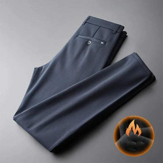BROWON Brand Pants Men 2026 Winter Fleece Thick Warm Men Casual Pants Solid Color Elastic Business Straight Trouser Men Clothing