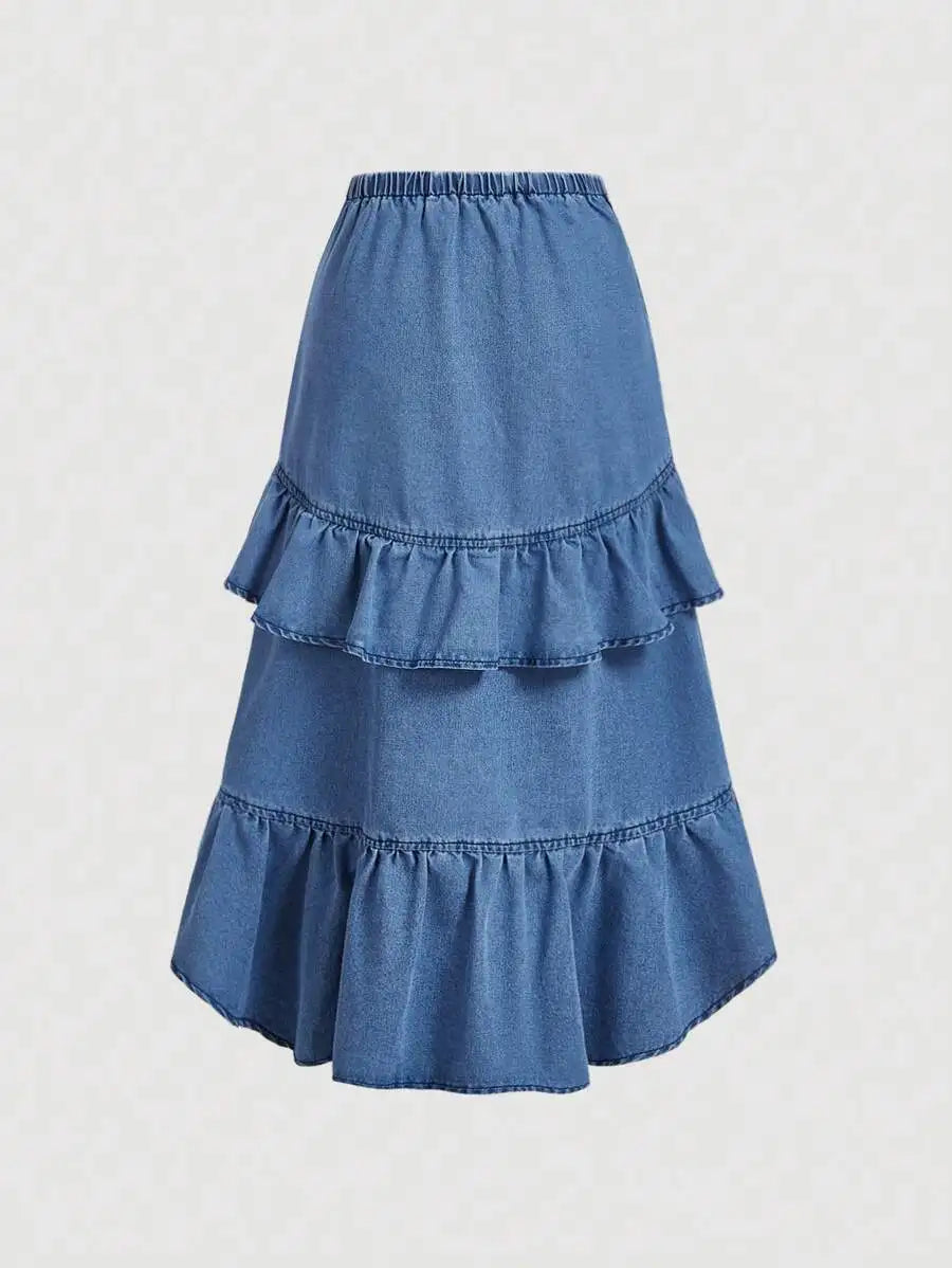 Women's Denim Skirt with Tiered Ruffles and Drawstring Waist