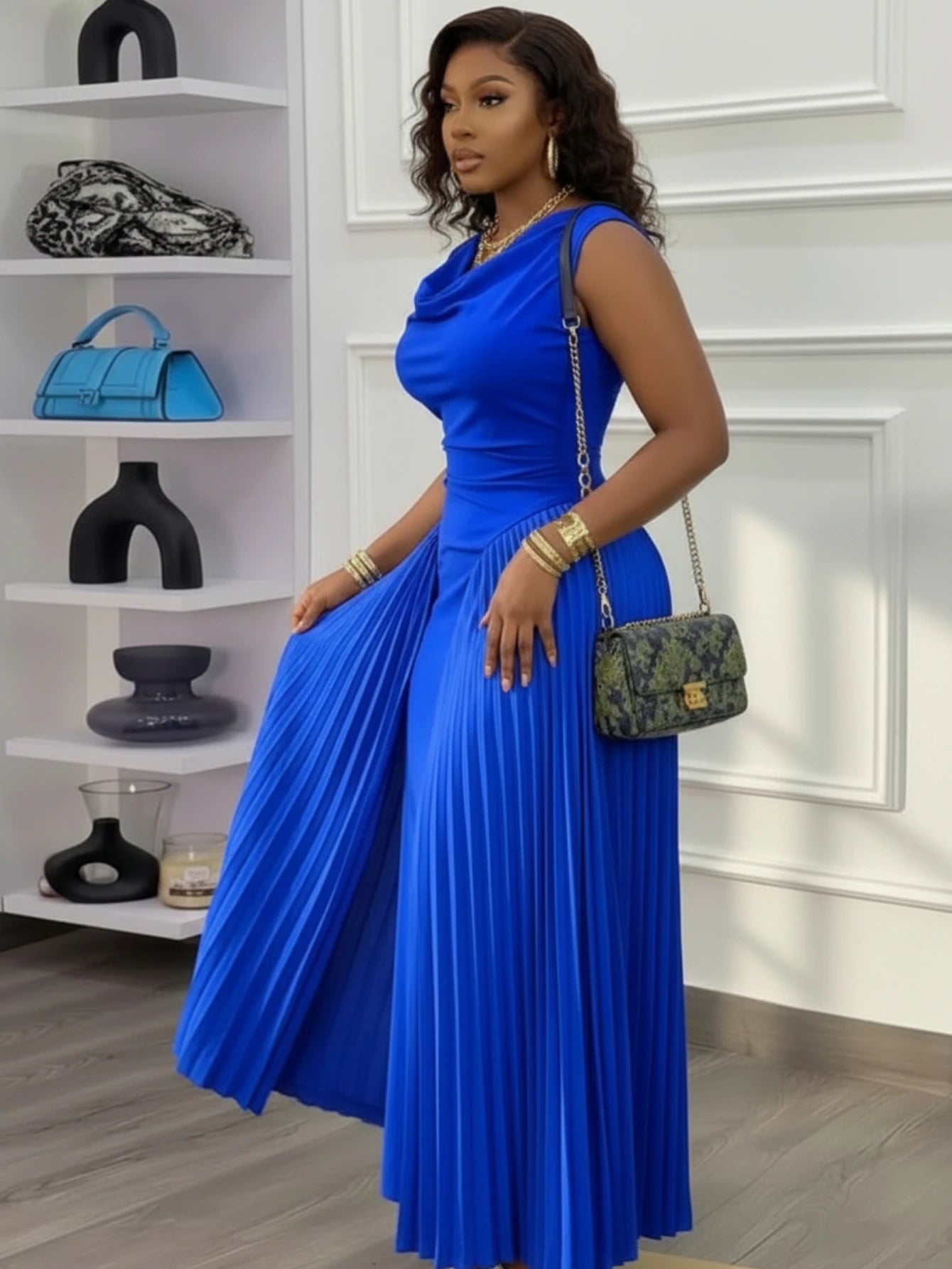 Women Sleeveless Cowl Neck Pleated Maxi Dress For Formal Evening Wedding Guest Prom And Banquet Occasion