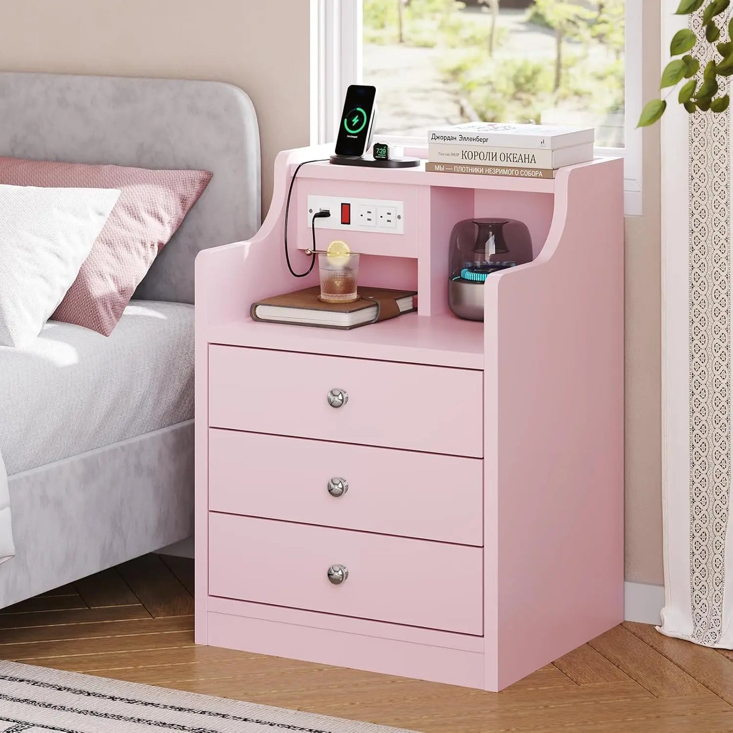 Night Stand Set 2,Pink Nightstand with Charging Station & Hutch,Night Stands for Bedrooms Set of 2,Bedside Table, Customized