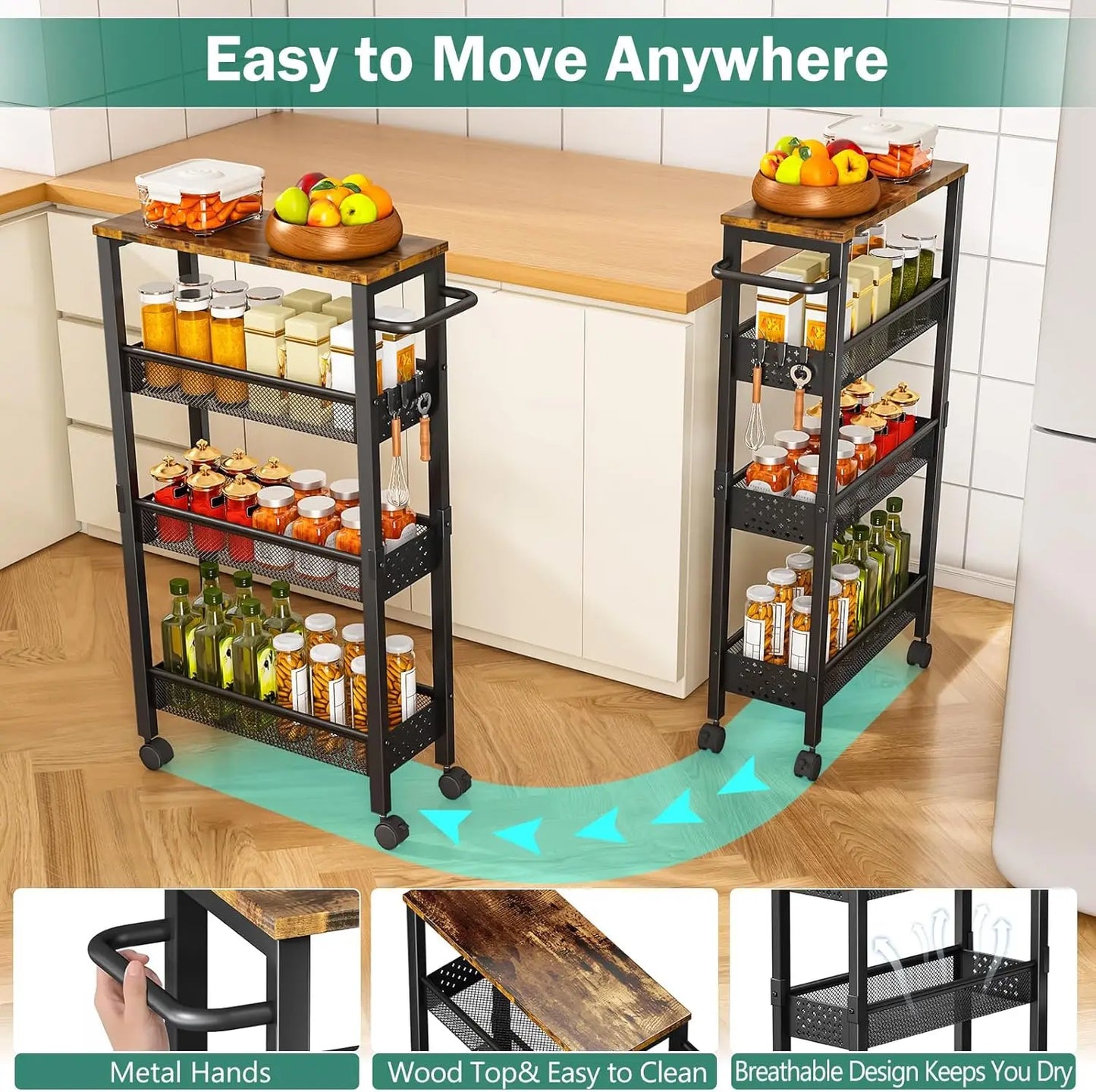 Slim Storage Cart With Wheels, 4 Tier Small Rolling Cart With Wood Top, Metal Kitchen Bathroom Laundry Room Organization
