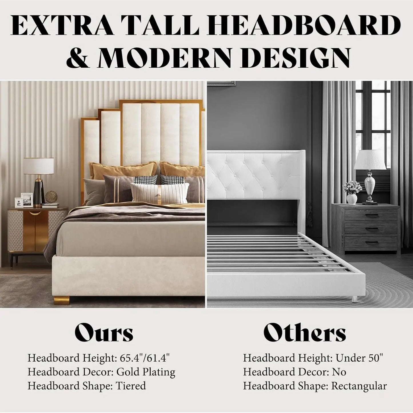 Queen Size Upholstered Bed, Modern Velvet Bed Frame with 61.4” Tall Gold Trim Headboard, No Box Spring Needed, Cream, Customized