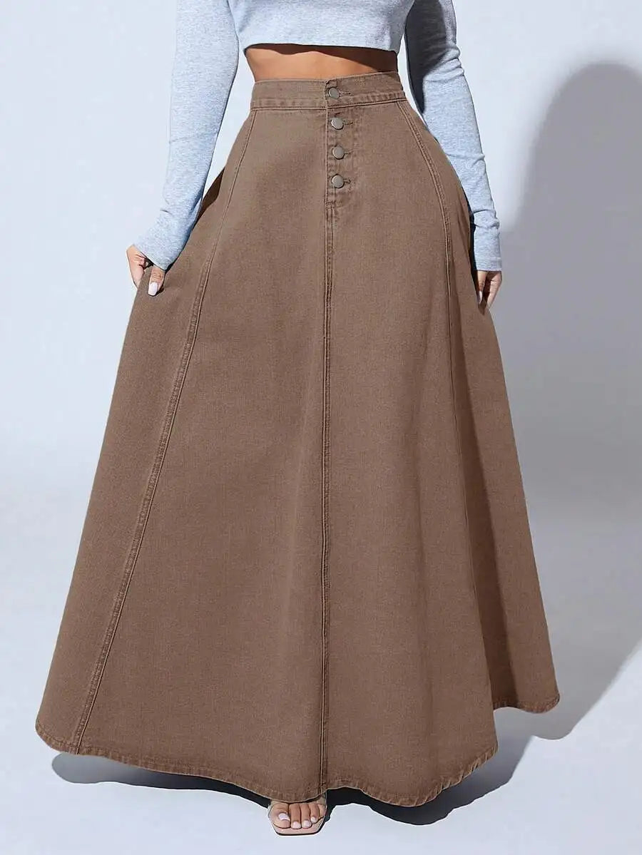 Front Button High-Waisted Denim Maxi Skirt for Women