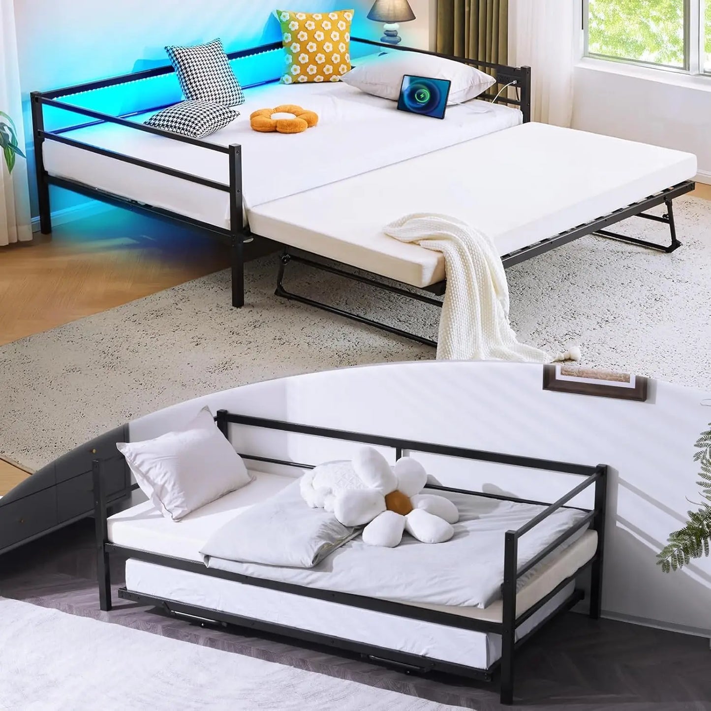 Metal Twin Daybed with Pop Up Trundle Bed, Day Bed Frame with Charging Station and LED Lights for Living Room Guest, Customized