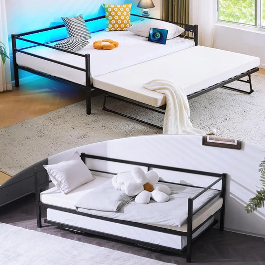 Metal Twin Daybed with Pop Up Trundle Bed, Day Bed Frame with Charging Station and LED Lights for Living Room Guest, Customized