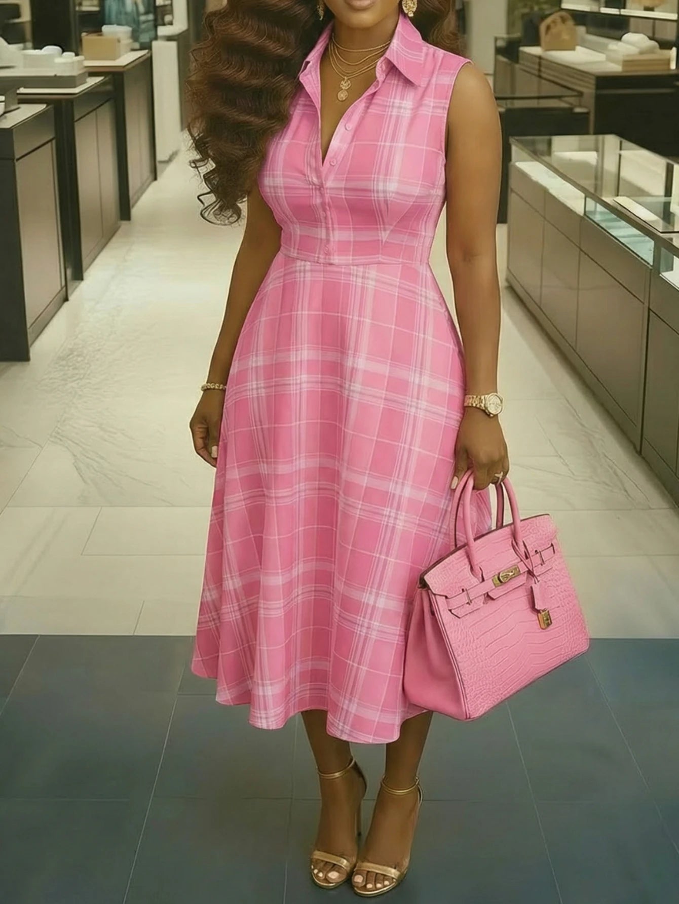 Women Lapel Collar Sleeveless Plaid Print Midi Dress For Shopping Mall Casual Daily And Weekend Vacation Occasion
