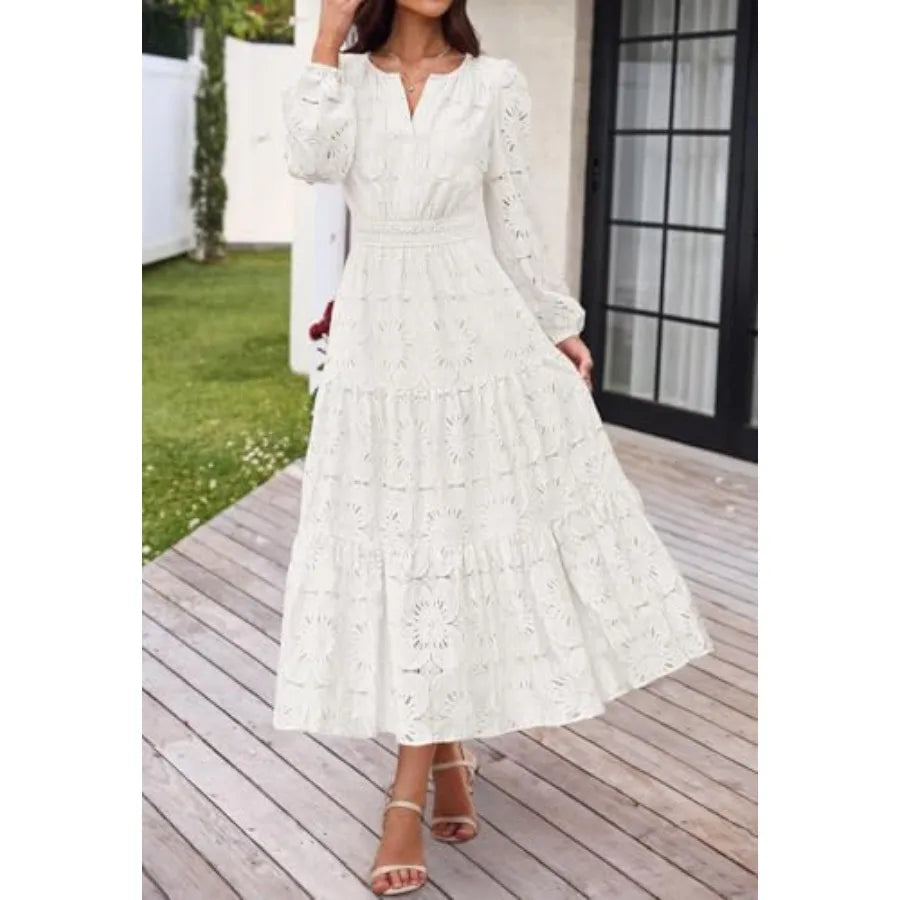MEROKEETY Women's Fall Long Sleeve Floral Maxi Dress Lace Eyelet Hollow Out Tiered Boho Wedding Guest Dresses Pockets
