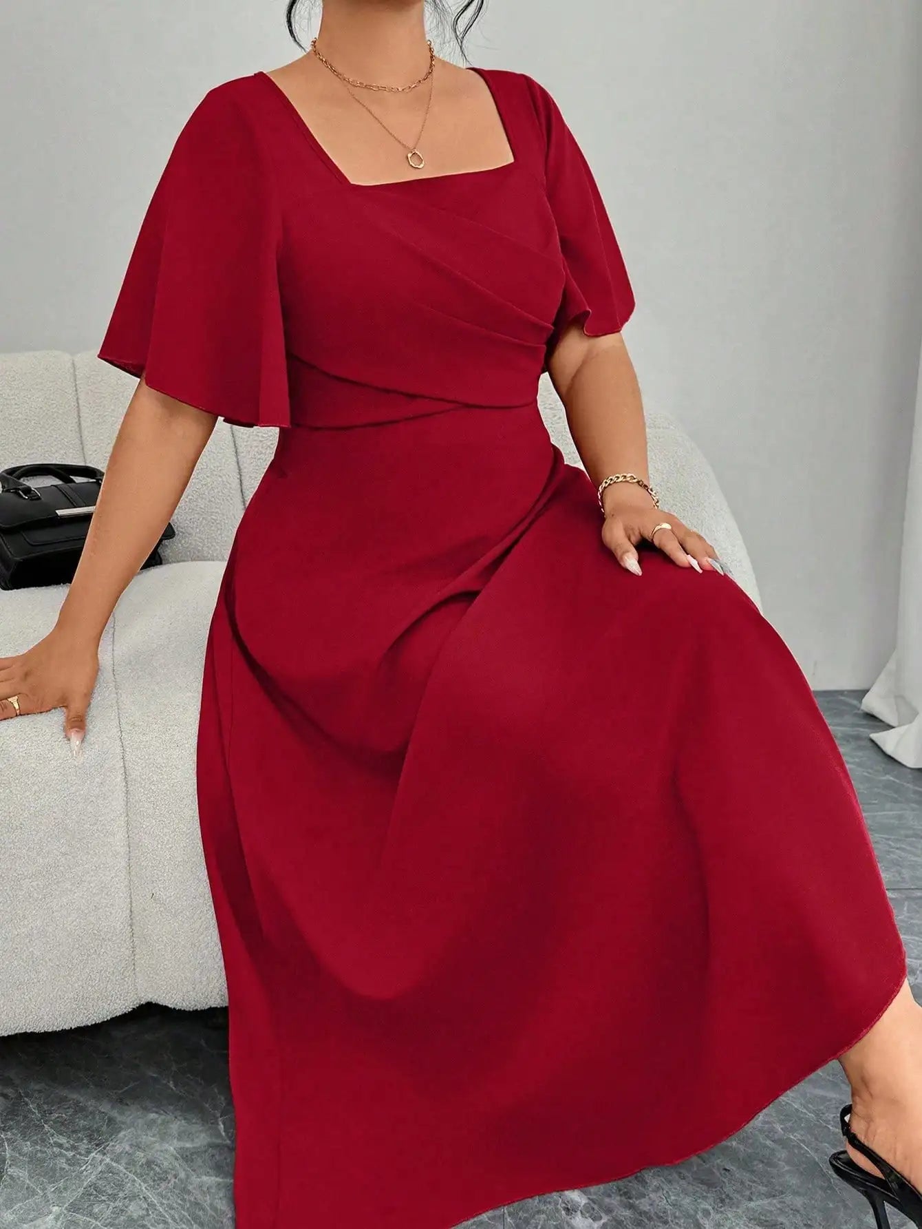 Elegant Plus Size Square Neck Draped Waist A-Line Midi Dress