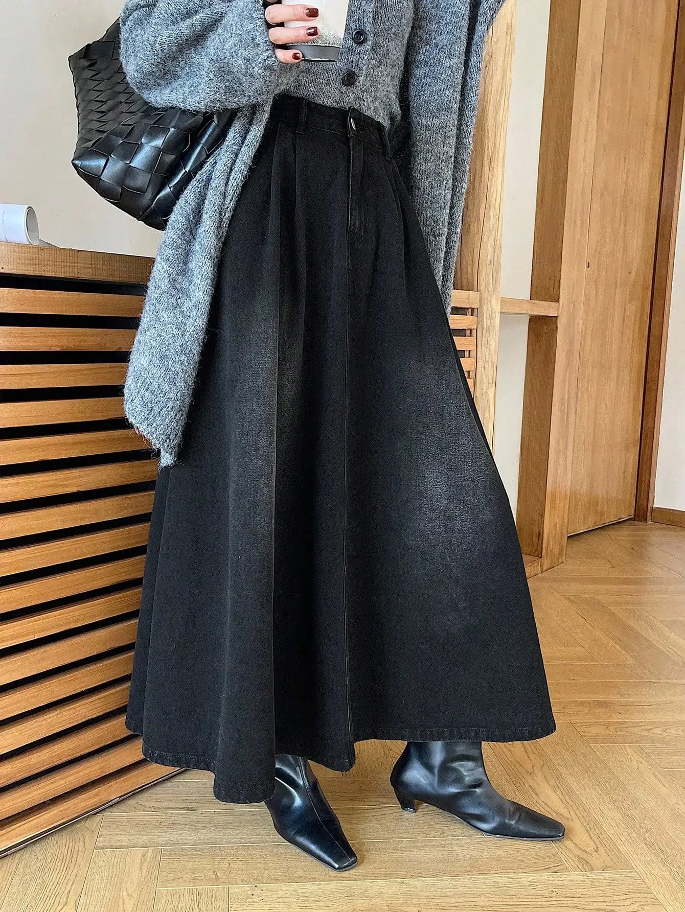 Women's A-Line Denim Skirt, Loose Fit, High Waist, Full Length