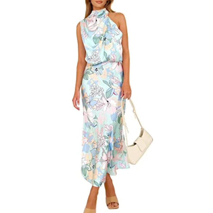 PRETTYGARDEN Women's 2026 Summer Satin Dress Elegant Sleeveless Mock Neck Cocktail Party Maxi Dresses