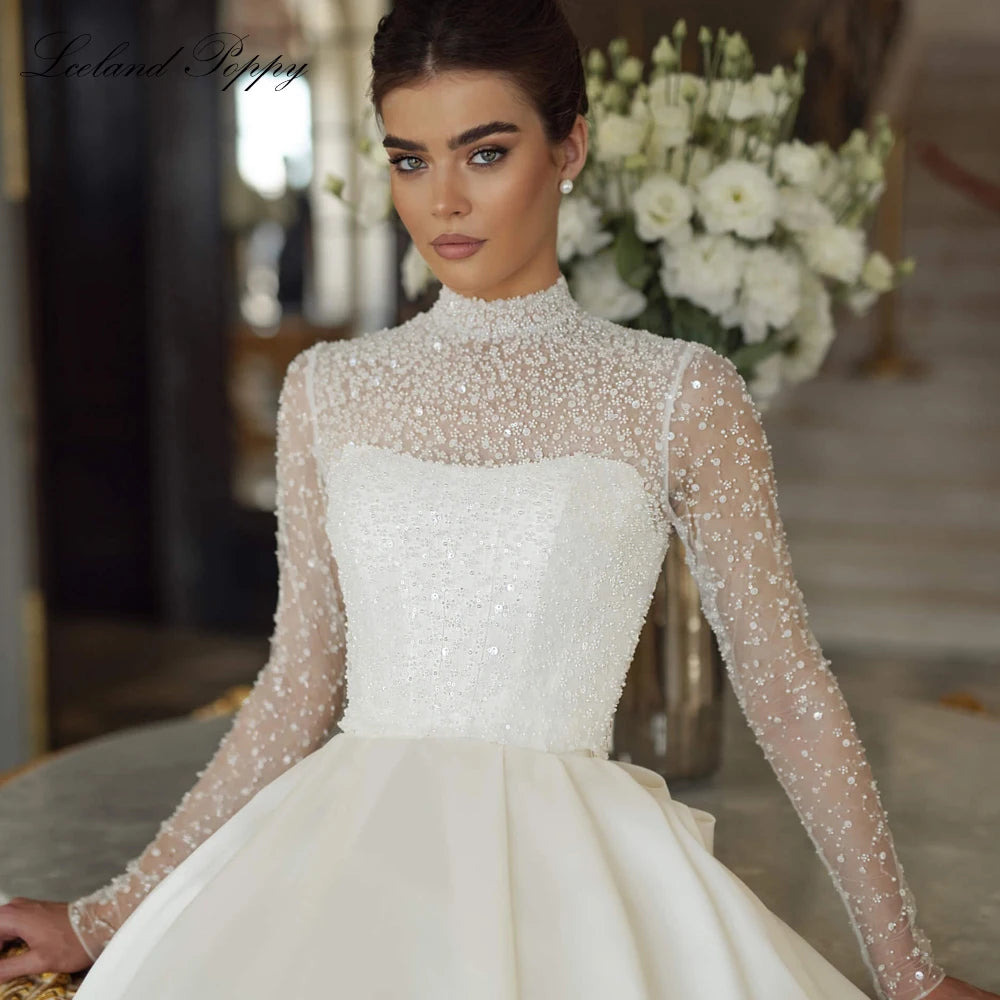 Lceland Poppy Customized A Line Satin Wedding Dresses Full Sleeves Long Sleeves Beaded Lace Bridal Gowns with Removable Jacket