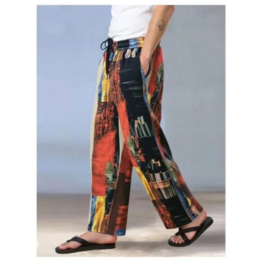 GORGLITTER Men's Patchwork Pants Drawstring Waist Wide Leg Baggy Wide Leg Pants Summer Vacation Beach Trousers