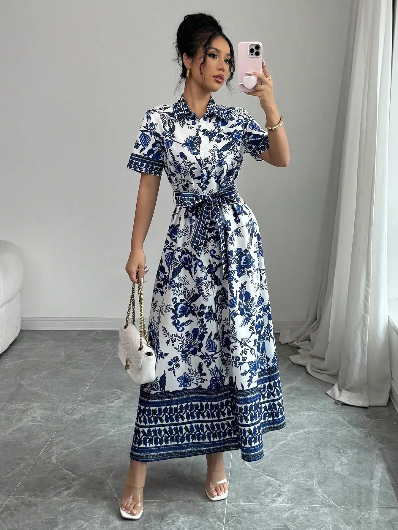 Casual Vacation Collared Button Up Porcelain Floral Print Flare Dress