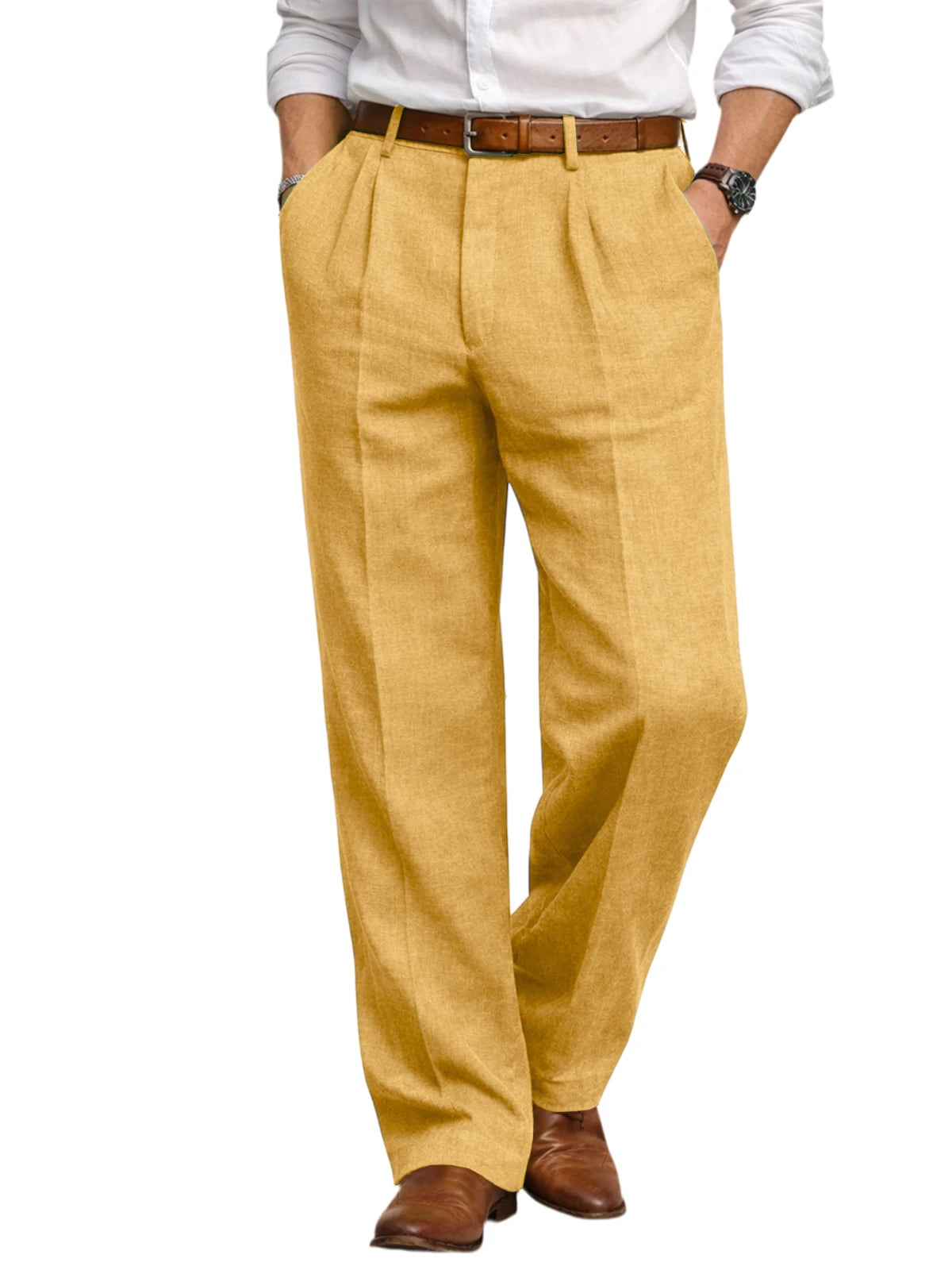 Men's Summer Linen Suit Pants High Waist Pleated Wide Leg Casual Trousers Business Formal  Breathable Loose Fit Straight Pants