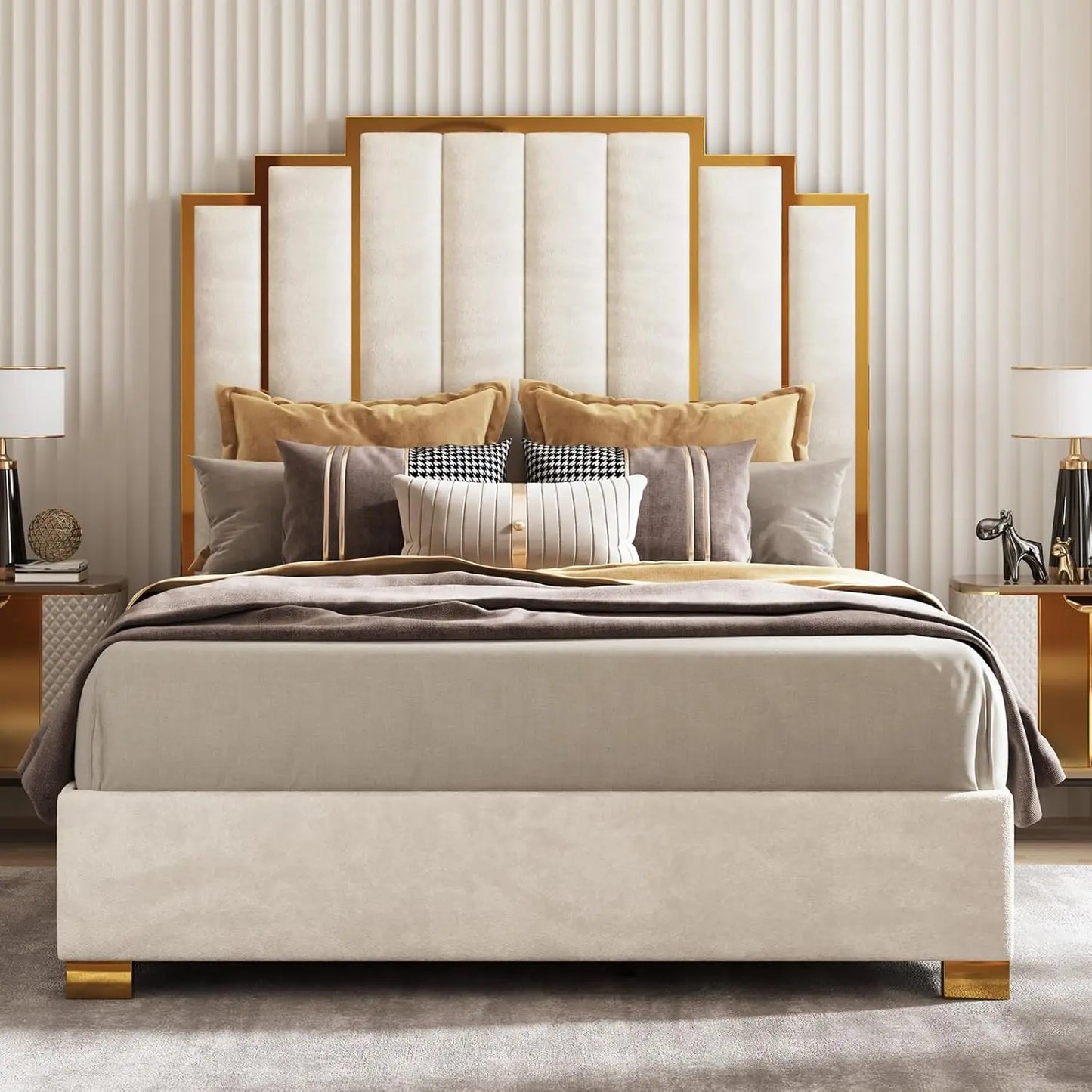 Queen Size Upholstered Bed, Modern Velvet Bed Frame with 61.4” Tall Gold Trim Headboard, No Box Spring Needed, Cream, Customized