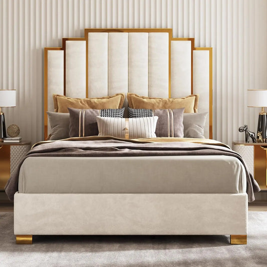 Queen Size Upholstered Bed, Modern Velvet Bed Frame with 61.4” Tall Gold Trim Headboard, No Box Spring Needed, Cream, Customized
