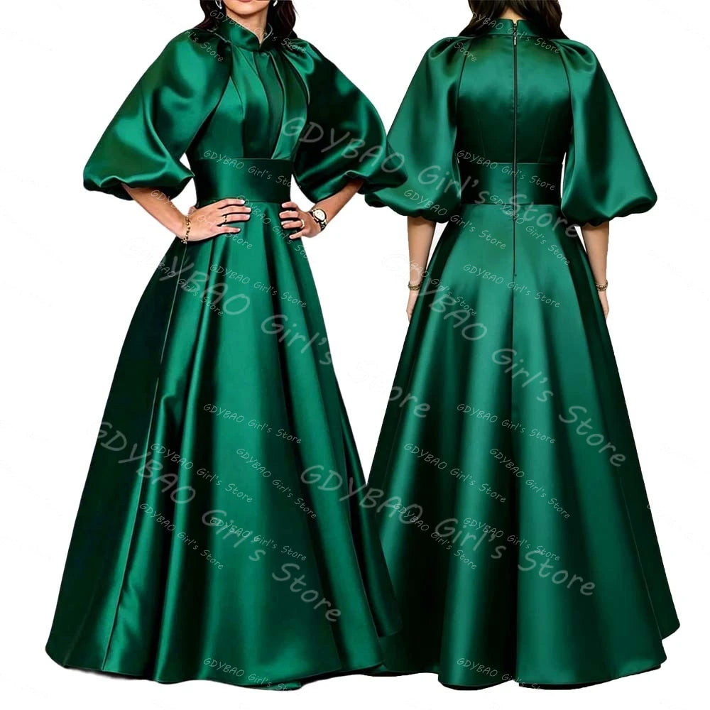 Customized Satin Pleated Bridesmaid Dress for Wedding Women‘s Vintage High Neck Balloon Sleeve Communion Party Evening Dress