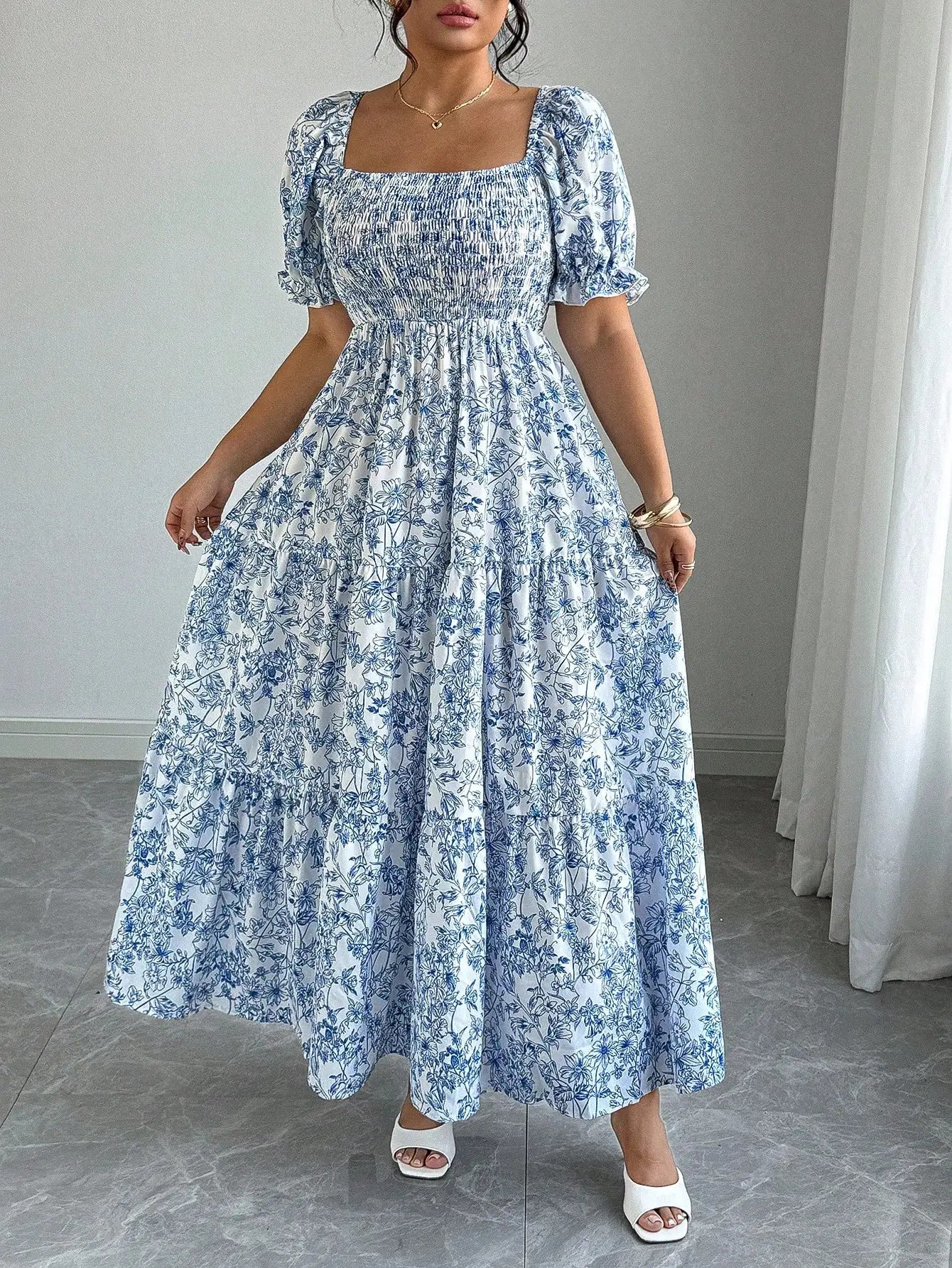 Elegant Square Neck Puff Sleeve Tiered Floral Maxi Dress